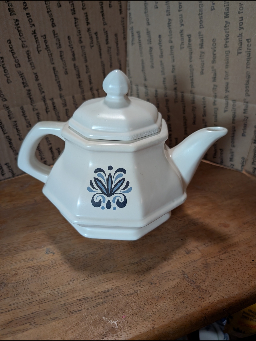 White Hexagonal Ceramic Teapot with Blue Motif